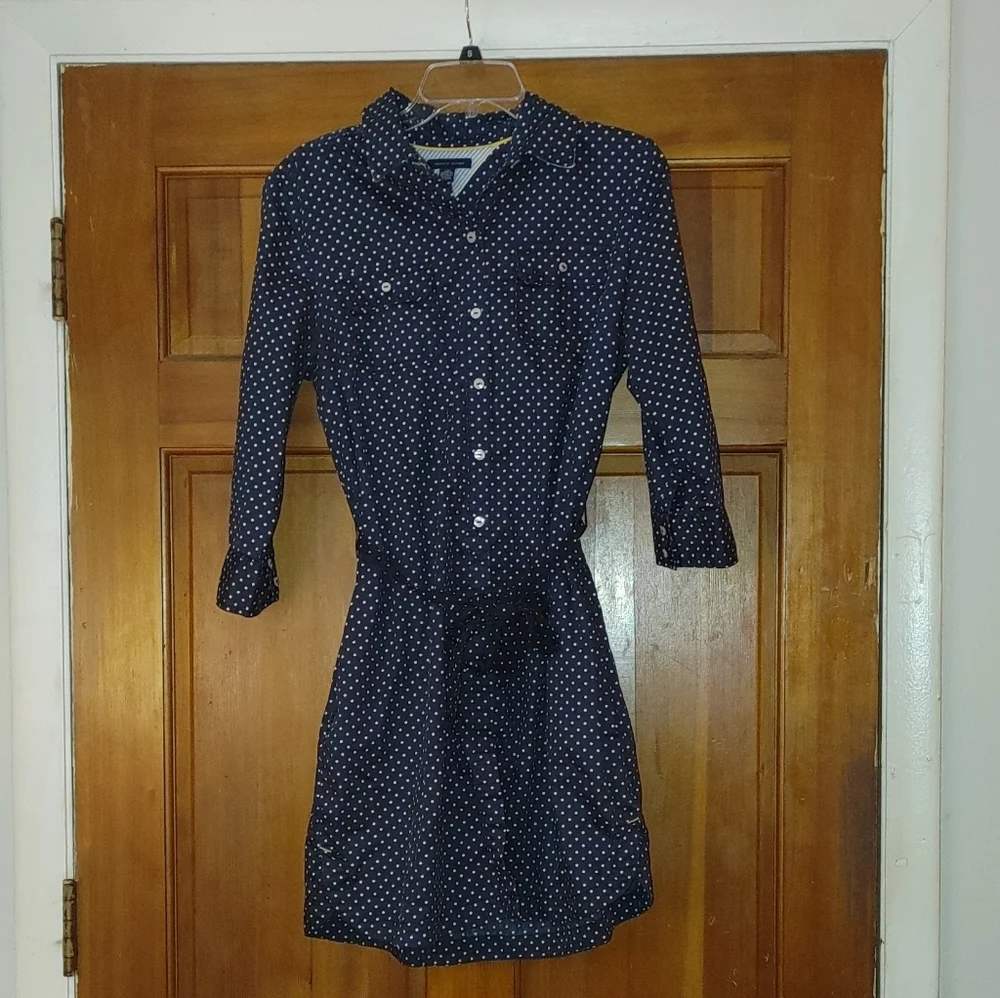 Tommy Hilfiger Navy Polka Dot Classic Preppy Girl Shirt Dress. - Picture 2 of 7